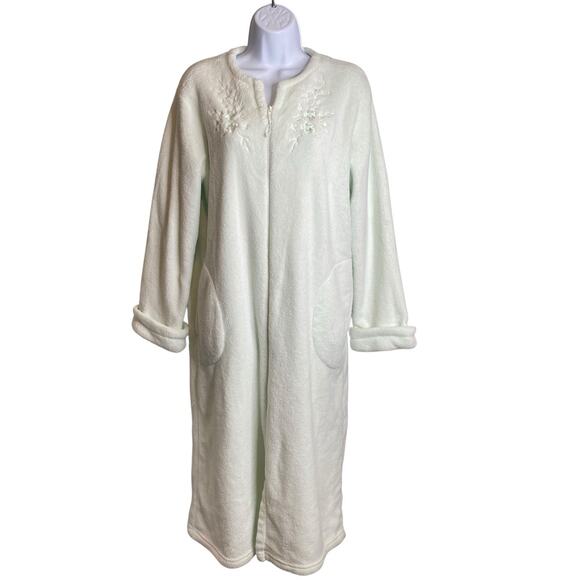 Miss Elaine Women's White Zip Front Fleece Robe Size M Floral Embroidered Cozy - Picture 1 of 13